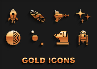 Sticker - Set Solar system, Falling star, Robot, Dog astronaut helmet, Earth structure, Ray gun, Rocket ship with fire and Planet icon. Vector