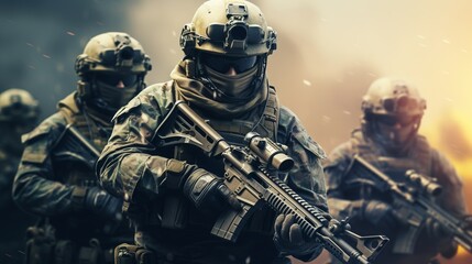 Military special forces soldiers in warzone, Generative AI