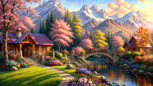 Summer Landscape Flowers And Trees Near River, Idyllic View With Mountains In The Background At Sunset
