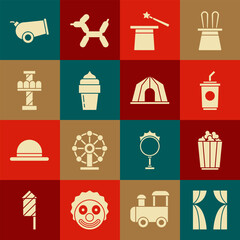 Wall Mural - Set Circus curtain raises, Popcorn box, Paper glass with water, Magic hat and wand, Ice cream, Attraction carousel, Cannon and tent icon. Vector