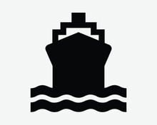 Container Ship Icon Big Boat Shipping Vessel Front View Ocean Linear Freight Shipment Sea Water Cruise Black White Silhouette Shape Vector Sign Symbol