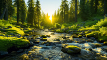  A Stream In The Forest, Stunning Photography, Nature Ligting, The Rays Of The Sun Through The Leaves Illuminate The Brilliant Forest With Flowers On Both Sides Of The Stream