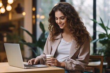 Canvas Print - smiling businesswoman using laptop and holding cup of coffee in cafe