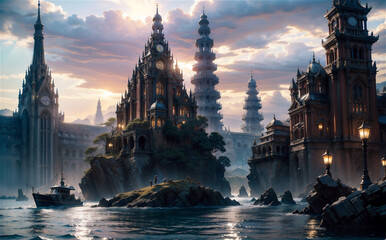 Wall Mural - Ancient fantasy lost city of Atlantis. Stormy weather. Green stormy sky and ocean.