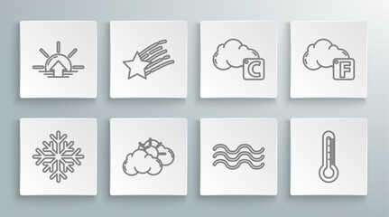 Poster - Set line Snowflake, Falling star, Sun and cloud weather, Waves, Thermometer, Celsius, Fahrenheit and Sunrise icon. Vector