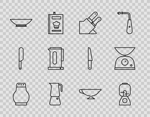 Sticker - Set line Salt and pepper, Blender, Knife, Moka pot, Bowl, Kettle with handle, Sauce boat and Scales icon. Vector