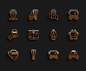 Sticker - Set line Taxi call telephone service, Car key, Map pointer with taxi, Bus, car, Cable, Trolleybus and remote icon. Vector