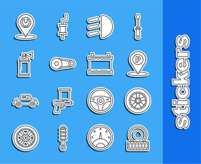 Sticker - Set line Car wheel, Location with parking, High beam, Timing belt kit, Paint spray can, service and battery icon. Vector