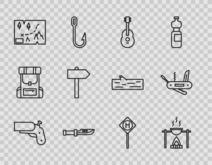 Wall Mural - Set line Flare gun pistol, Campfire and pot, Guitar, Camping knife, Folded map with location, Road traffic signpost, Parking and Swiss army icon. Vector