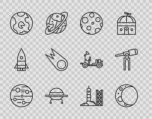 Poster - Set line Planet Mars, Moon, UFO flying spaceship, Earth globe, Comet falling down fast, Rocket launch from the spaceport and Telescope icon. Vector