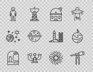 Sticker - Set line Astronaut helmet, Telescope, Astronomical observatory, Solar system, Alien, Planet Venus, Black hole and Moon with flag icon. Vector