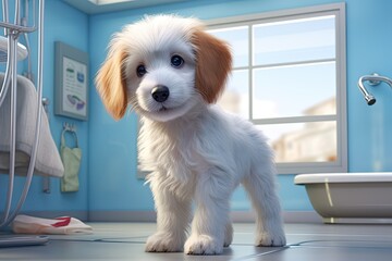 Wall Mural -  puppy in modern vet clinic, ai generated