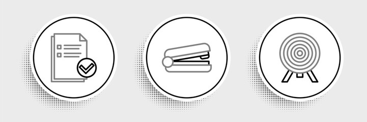 Poster - Set line Target, Document and check mark and Office stapler icon. Vector