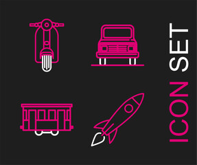 Sticker - Set line Rocket ship with fire, Old city tram, Car and Scooter icon. Vector