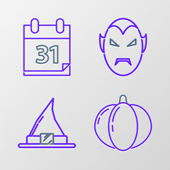 Wall Mural - Set line Pumpkin, Witch hat, Vampire and Calendar with Halloween date 31 october icon. Vector