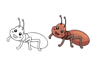 Wall Mural - Coloring page with cute cartoon ant. Kids drawing page with insect. Children's educational art game. Activity page and worksheet.