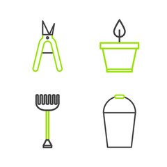 Wall Mural - Set line Bucket, Garden rake, Plant in pot and Gardening handmade scissors icon. Vector