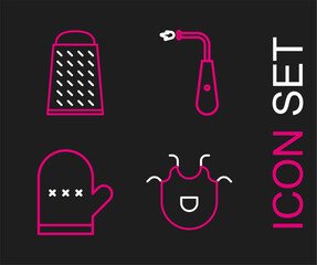 Sticker - Set line Kitchen apron, Oven glove, Long electric lighter and Grater icon. Vector