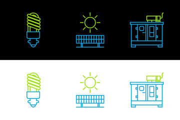 Sticker - Set line Diesel power generator, LED light bulb and Solar energy panel and sun icon. Vector