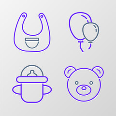 Canvas Print - Set line Teddy bear plush toy, Baby bottle, Balloons with ribbon and bib icon. Vector