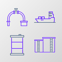 Poster - Set line Oil industrial factory building, Barrel oil, tanker ship and Industry pipe and valve icon. Vector