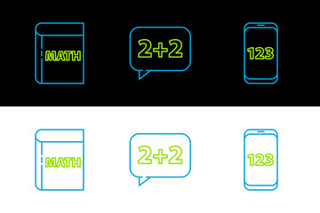 Poster - Set line Mobile calculator interface, Book with word mathematics and Equation solution icon. Vector