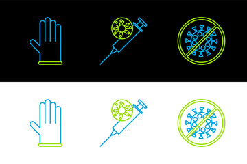 Poster - Set line Stop virus, Medical rubber gloves and Syringe and icon. Vector