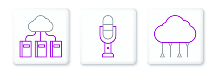 Sticker - Set line Network cloud connection, Cloud online library and Microphone icon. Vector