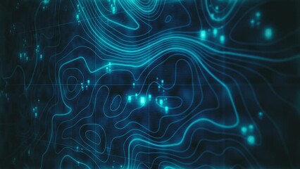 Technology Digital Topographic Landscape Background/ 4k animation of a 3d digital technology background of topographic map exploration with layered outlined terrain relief and depth of field blur