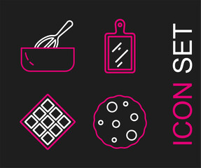 Sticker - Set line Cookie or biscuit, Waffle, Cutting board and Kitchen whisk and bowl icon. Vector