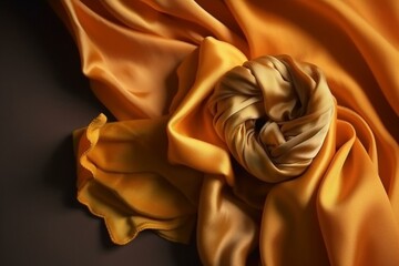 Luxurious flowing cloth in mustard golden orange for product presentation with copy space. Top view flat lay for event jewelry. Generative AI