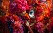 portrait of man and a woman in a flamboyant costumes at the carnival of Venice, Italy, mask, natural flowers, feathers, luxury, Venice copy space, pink and blue, AI generated