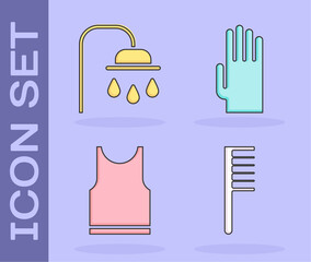 Sticker - Set Hairbrush, Shower head, Sleeveless T-shirt and Rubber gloves icon. Vector