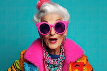 Funny Fashionable Old Lady On Blue Background