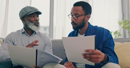 Wall Mural - Home, father and man with documents, discussion for will and planning for pension fund, retirement and talking. Family, black people or dad with adult on a couch and paperwork for insurance or info