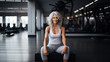 © IBEX.Media - Wide shot of mature fitness woman in white posing in fitness gym , Generative AI illustration