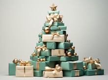Christmas Tree From Green And Gold Gift Boxes