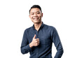 © Daniel - A portrait of an Asian man wearing a blue shirt, posing with an 'OK' sign, thumb up. Isolated with a white background.