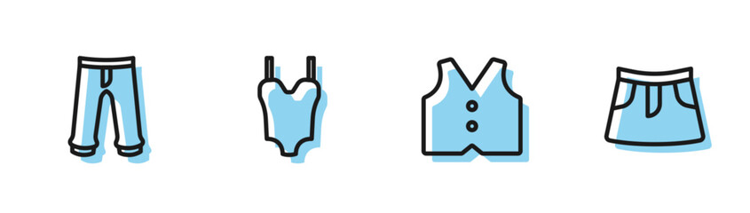 Sticker - Set line Waistcoat, Pants, Swimsuit and Skirt icon. Vector