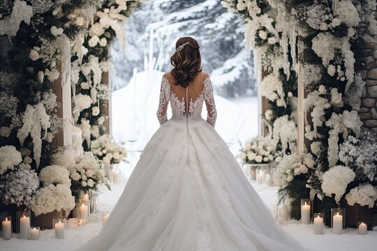 elegant bride before wedding arch in winter day. 