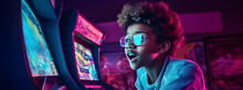 Focused  Boy Plays Retro Arcade Game