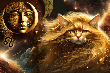 Wall Mural - beautiful magic mystic cat with universe, sun, zodiac  sign of Leo Lion  and stars like astrology concept 