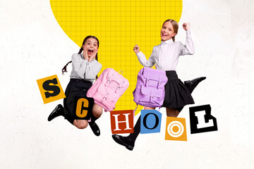 Canvas Print - Artwork collage picture of two funky astonished girls jumping raise fist hold backpack school isolated on white creative background