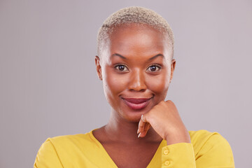 Poster - Beauty, happy and portrait of black woman in a studio with makeup, cosmetic and face routine. Cosmetology, health and headshot of young African female model with facial treatment by a gray background