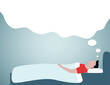 Sleeping man having a dream concept template. Cool vector flat illustration with empty dream cloud and sleeping man.