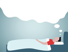 Sleeping Man Having A Dream Concept Template. Cool Vector Flat Illustration With Empty Dream Cloud And Sleeping Man.
