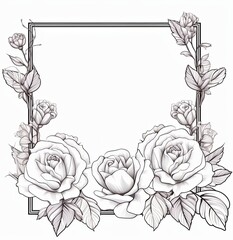 Sticker - Black and white illustration of a rose frame background.