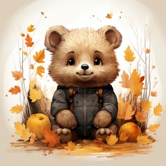 Wall Mural - Cute autumn watercolor baby bear isolated