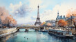 City View of Paris Harbor Watercolor Art Painting
