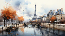 City View Of Paris Harbor Watercolor Art Painting